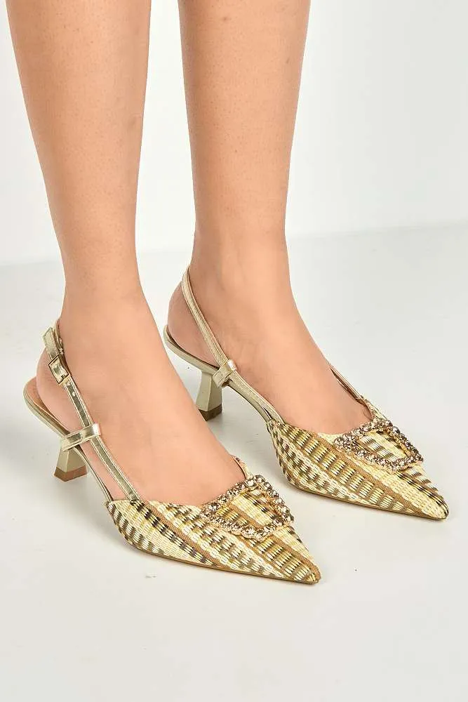 Nora Brooch Detail Textured Slingback Court Shoes in Gold