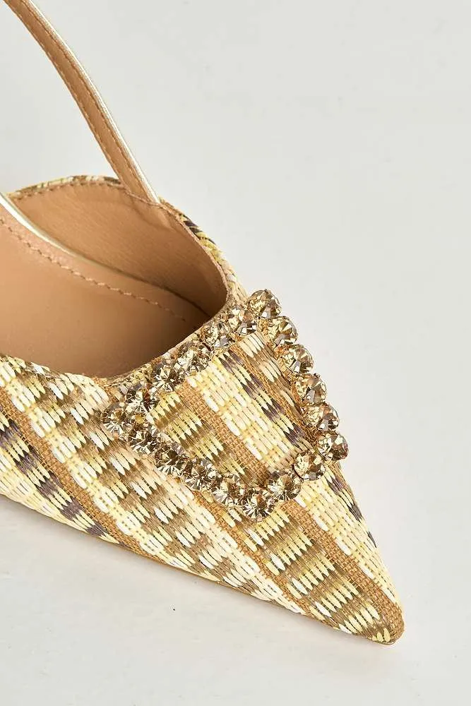 Nora Brooch Detail Textured Slingback Court Shoes in Gold