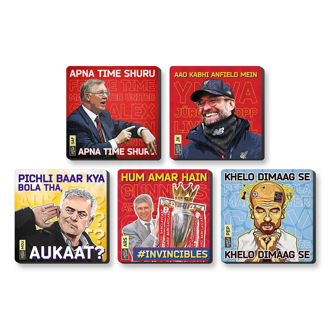 Pep Guardiola, Arsene Wenger, Sir Alex Ferguson, Jurgen Klopp Football Design Fridge Magnets, 4mm Thick, Glossy Finish, Set of 3, Gift for Sports Fans (Combo of 5)