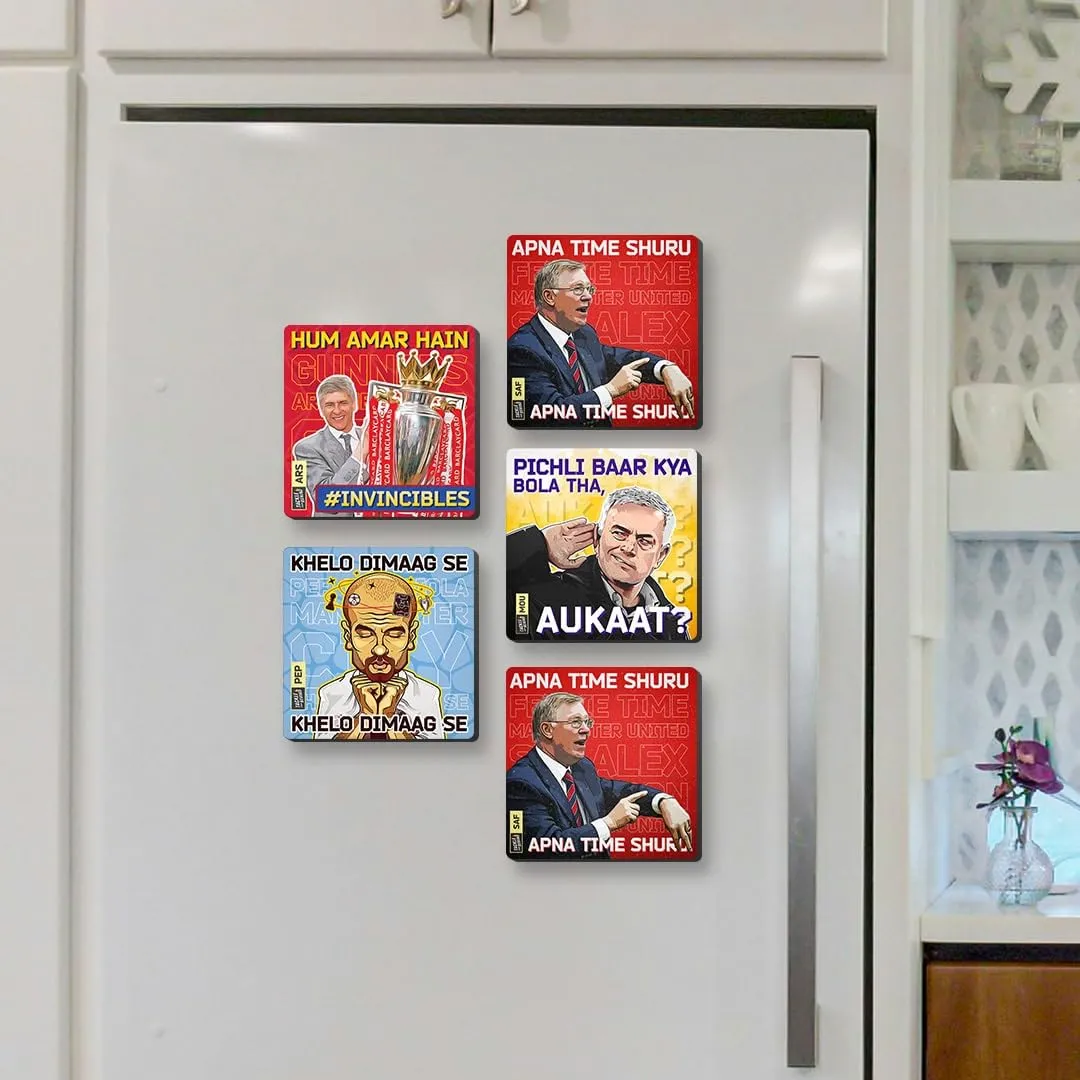 Pep Guardiola, Arsene Wenger, Sir Alex Ferguson, Jurgen Klopp Football Design Fridge Magnets, 4mm Thick, Glossy Finish, Set of 3, Gift for Sports Fans (Combo of 5)