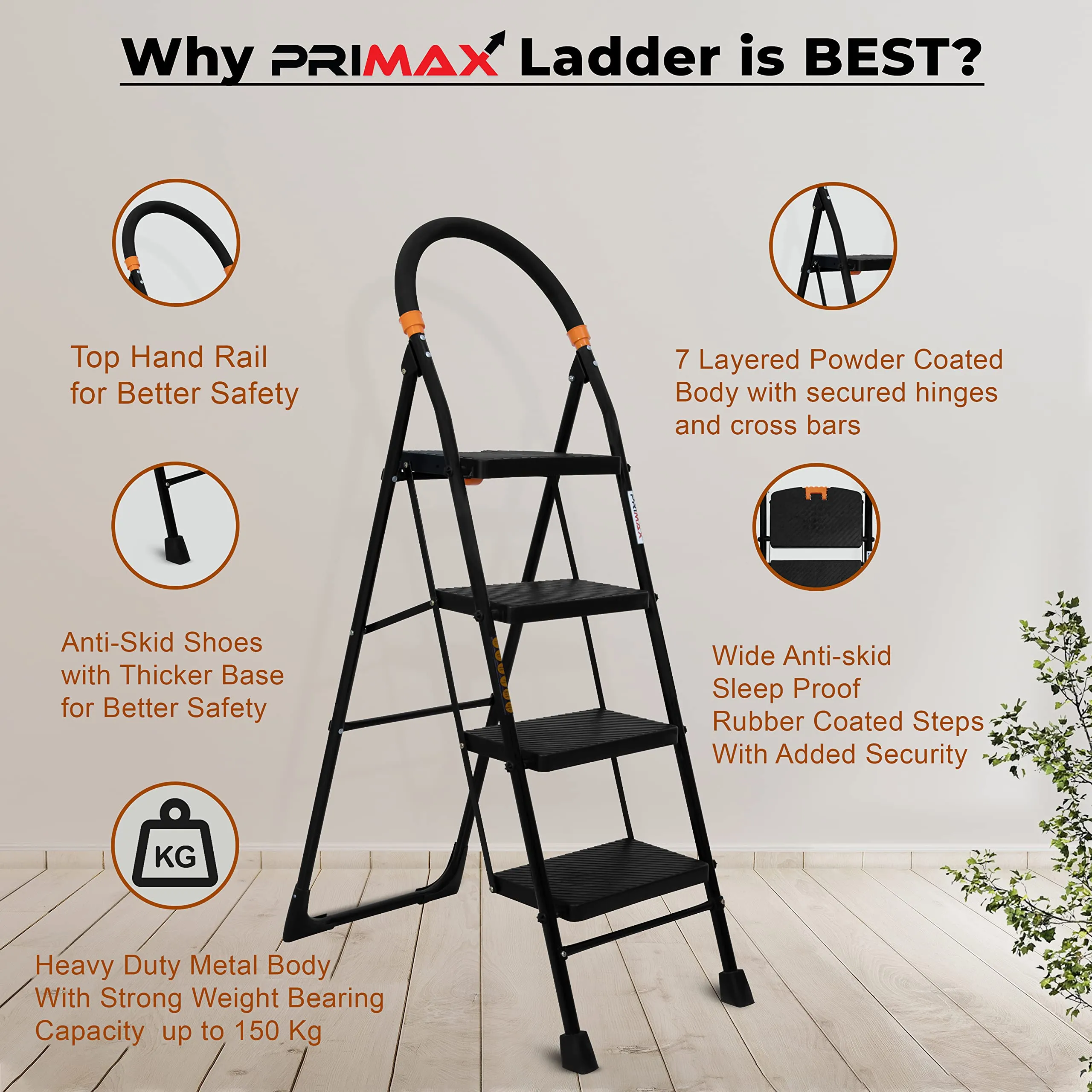 Primax 4-Step Foldable Ladder with Safety-Clutch Lock and Ribbed Steps/Step Ladder/GI Steel Ladder for Home(Primo-Black&Orange)