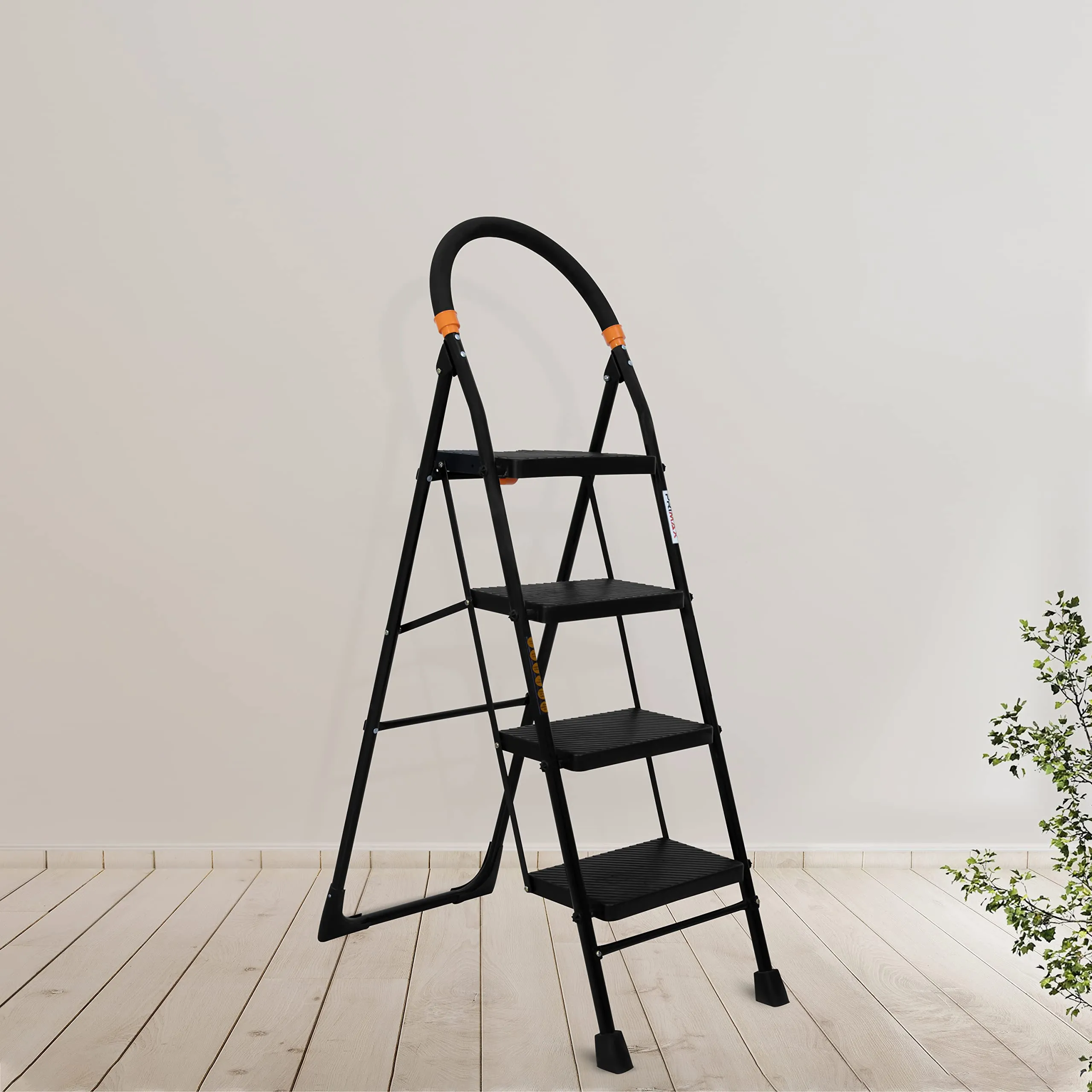 Primax 4-Step Foldable Ladder with Safety-Clutch Lock and Ribbed Steps/Step Ladder/GI Steel Ladder for Home(Primo-Black&Orange)