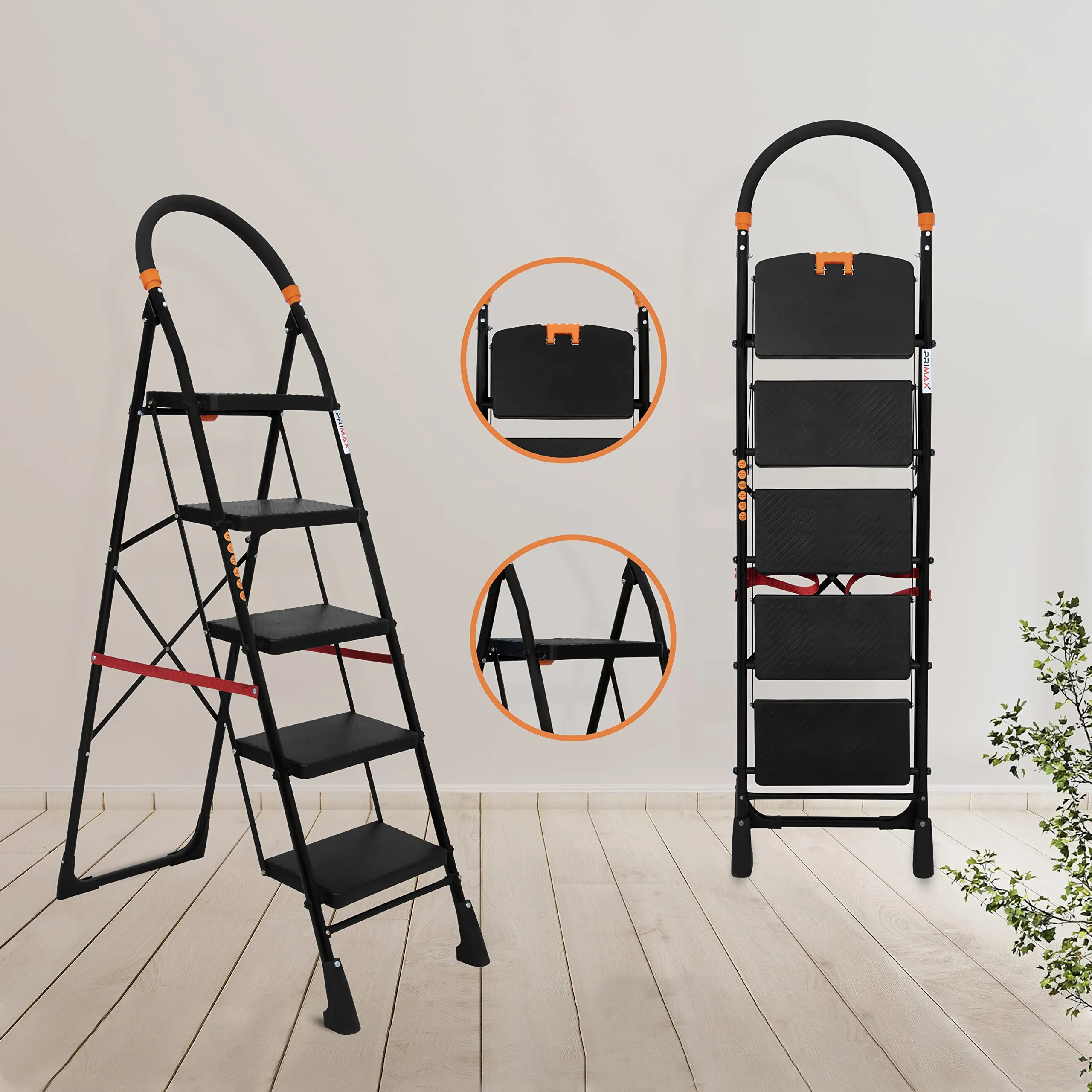 Primax 5-Step Foldable Ladder with Safety-Clutch Lock and Ribbed Steps/Step Ladder/GI Steel Ladder for Home(Primo-Black&Orange)