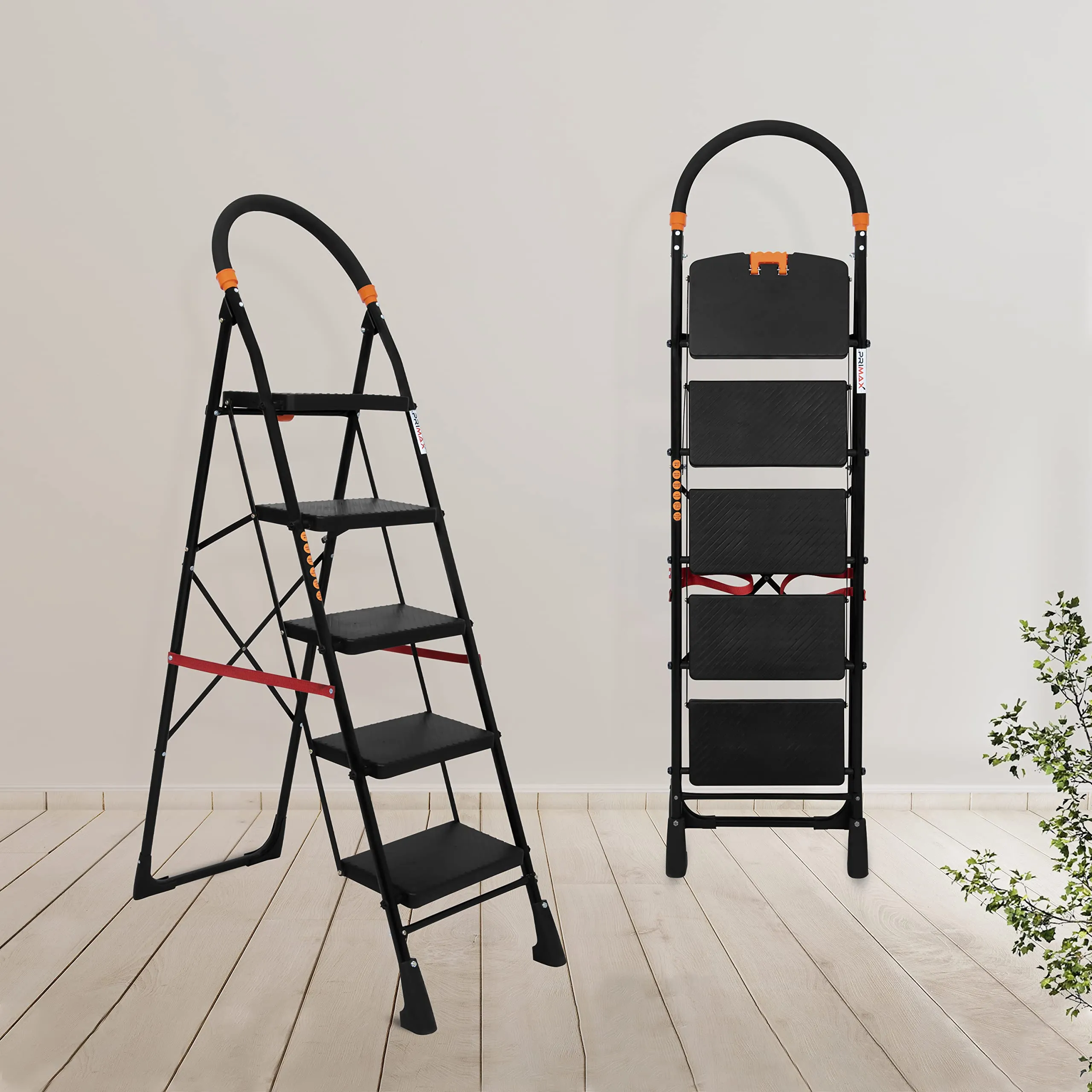 Primax 5-Step Foldable Ladder with Safety-Clutch Lock and Ribbed Steps/Step Ladder/GI Steel Ladder for Home(Primo-Black&Orange)