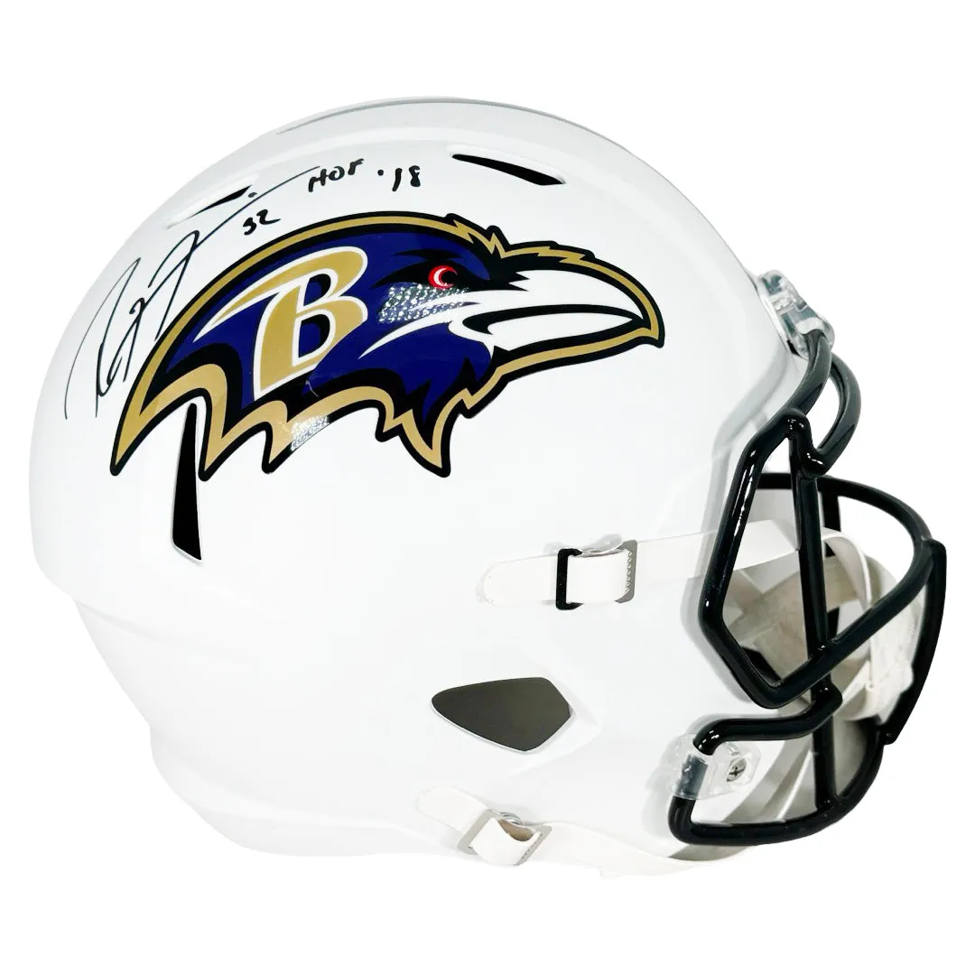 Ray Lewis Signed HOF 18 Inscription Baltimore Ravens Flat White Speed Full-Size Replica Football Helmet (Beckett)