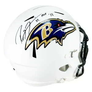 Ray Lewis Signed HOF 18 Inscription Baltimore Ravens Flat White Speed Full-Size Replica Football Helmet (Beckett)