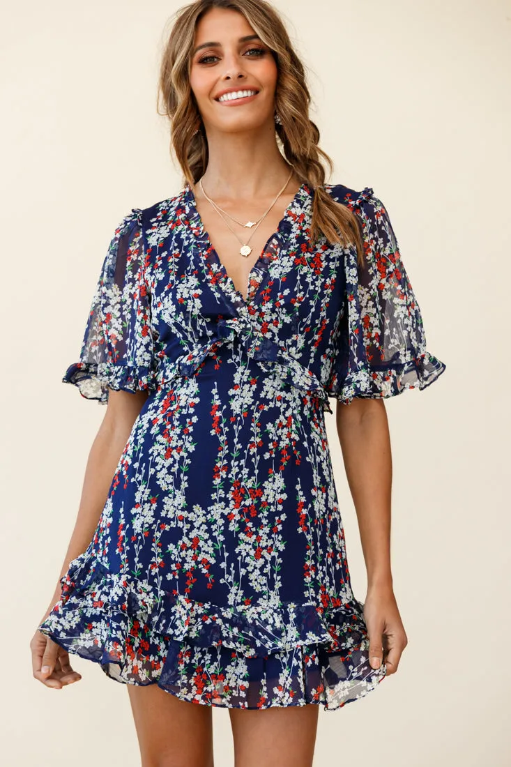 Sincerely V-Neck Double Frill Hem Tea Dress Floral Print Navy