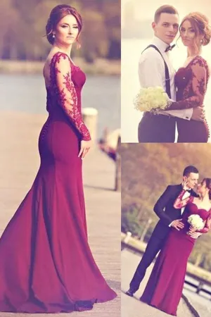 Sweetheart Long Sleeve Satin Prom Dresses With Lace Appliques PG310