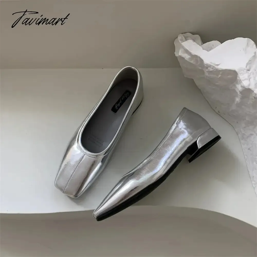 TAVIMART  -  Silver Flats Ballet Shoes for Women Mary Janes Casual Shallow Slip on Pumps Sequare Toe Elegant Woman Heeled Shoes Loafers