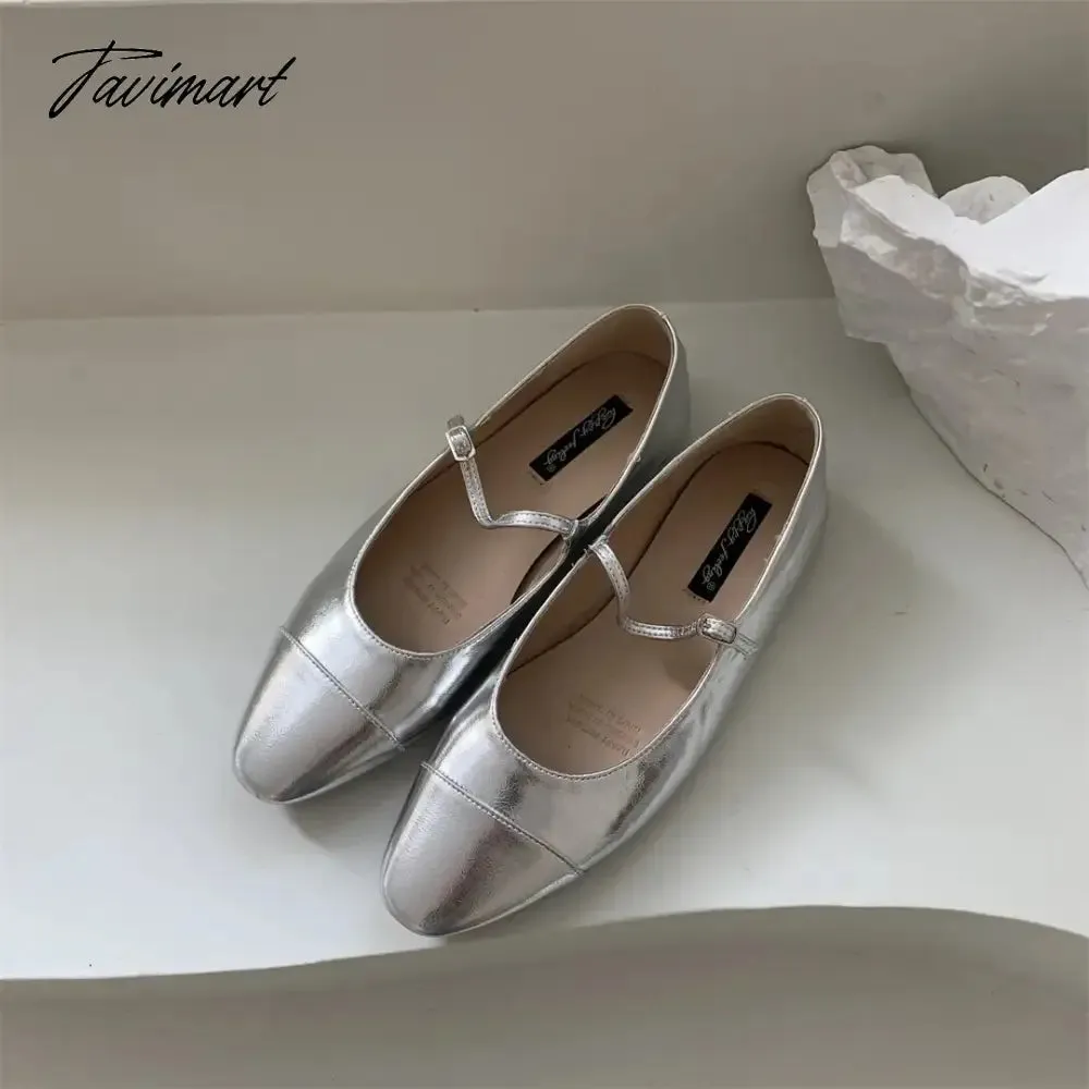 TAVIMART  -  Silver Flats Ballet Shoes for Women Mary Janes Casual Shallow Slip on Pumps Sequare Toe Elegant Woman Heeled Shoes Loafers