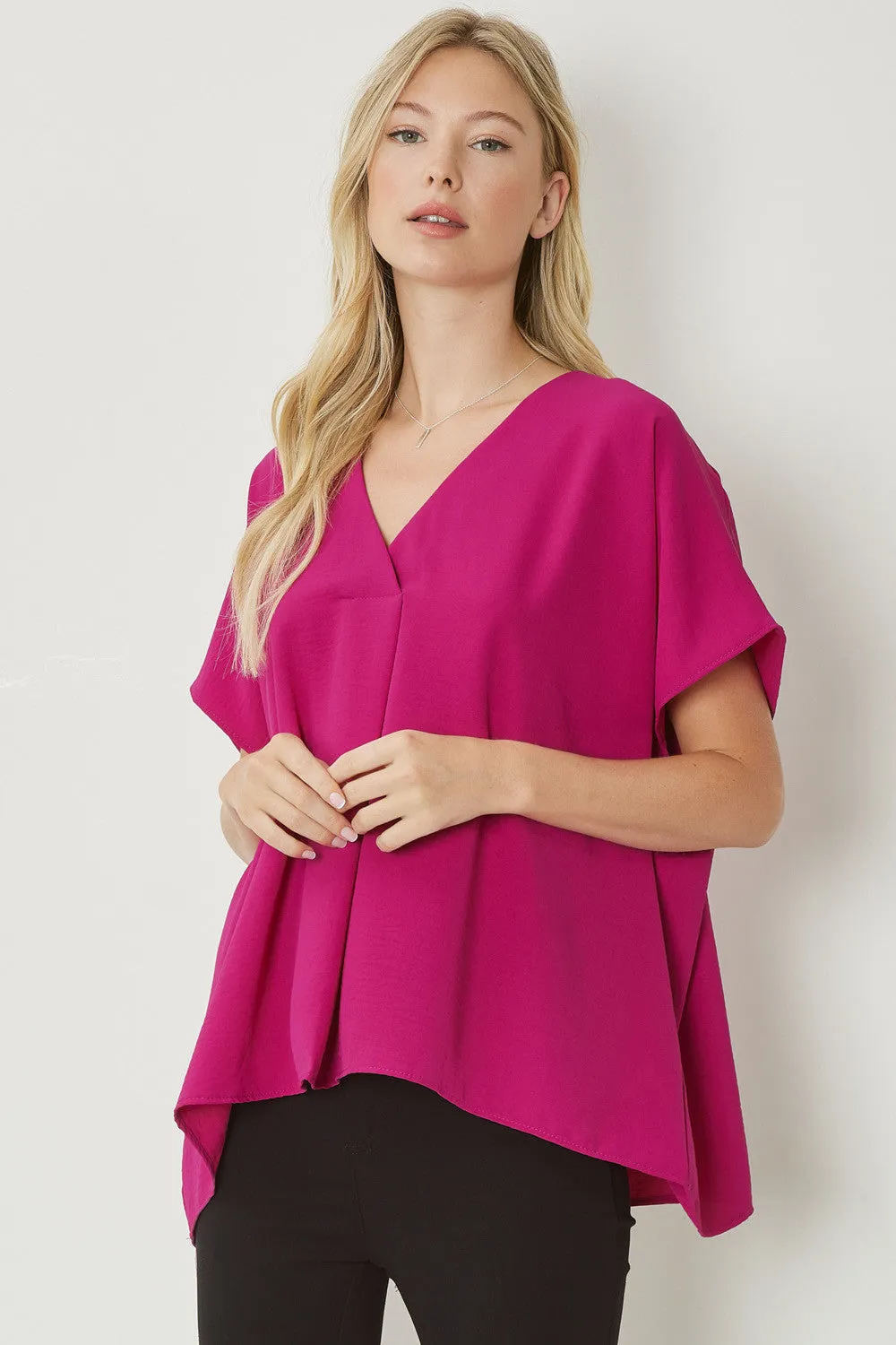 V-Neck Short Sleeve Blouse with Placket Detail by Entro Clothing