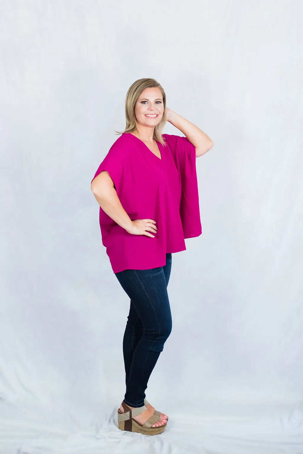 V-Neck Short Sleeve Blouse with Placket Detail by Entro Clothing