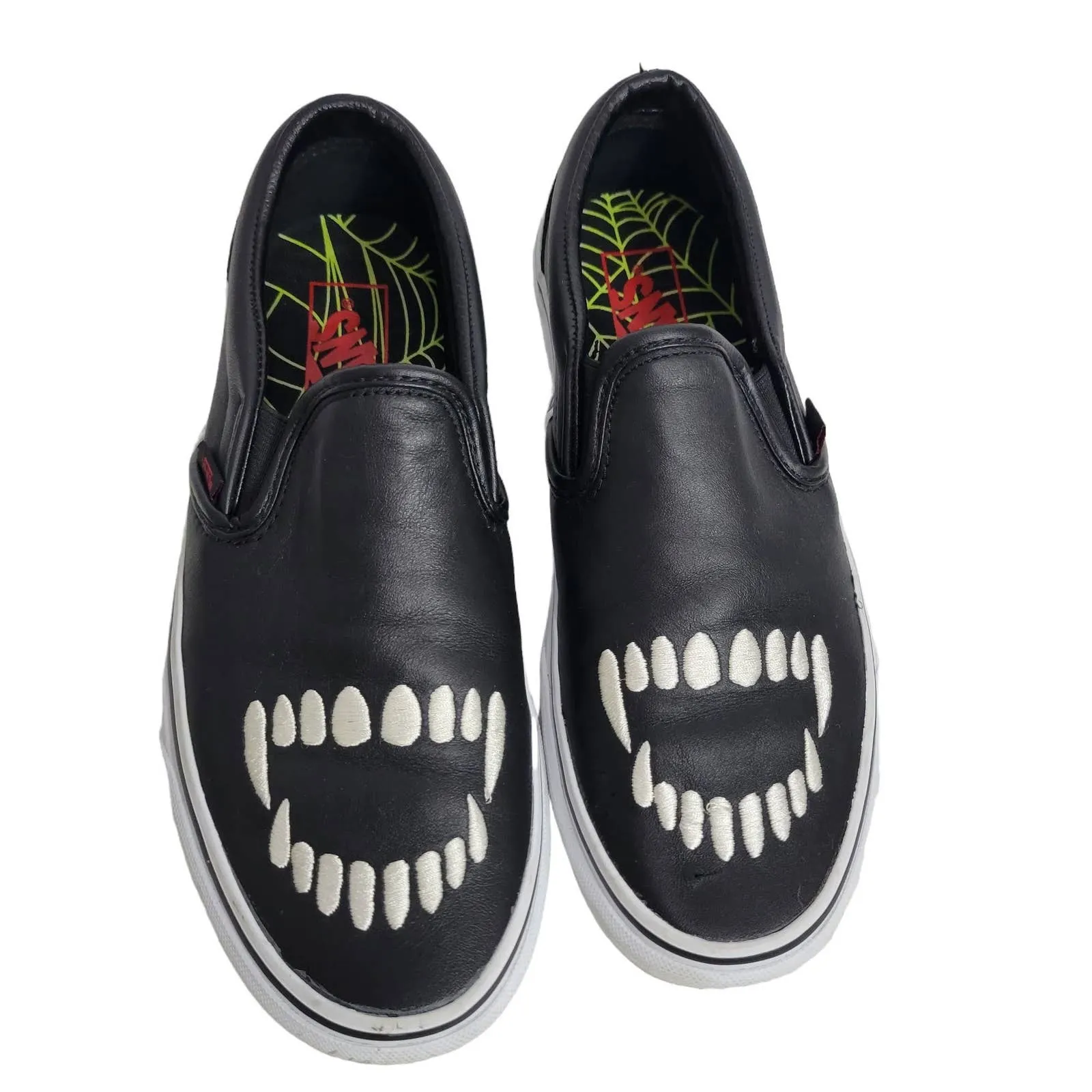 Vans Fangs Sneaker Slip On Black Leather Embroidered Unisex Size 8.5 Women 7 Men