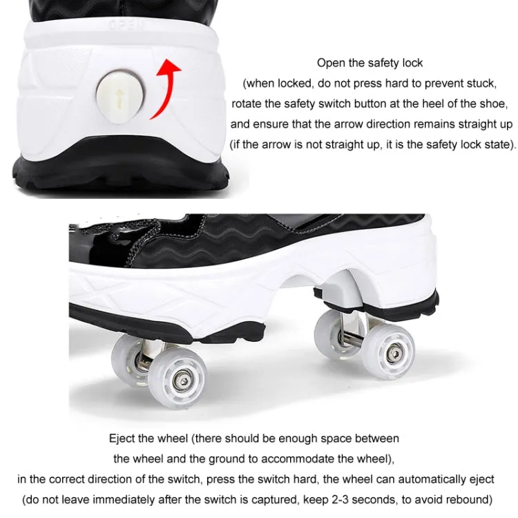 With Brakes Deformable Four-wheel Retractable Double-row Dual-purpose Roller Skates, Size: 34(DF08 White Black)