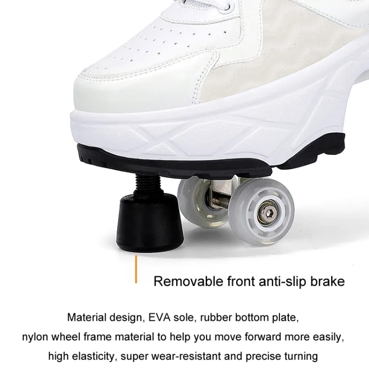 With Brakes Deformable Four-wheel Retractable Double-row Dual-purpose Roller Skates, Size: 34(DF08 White Black)