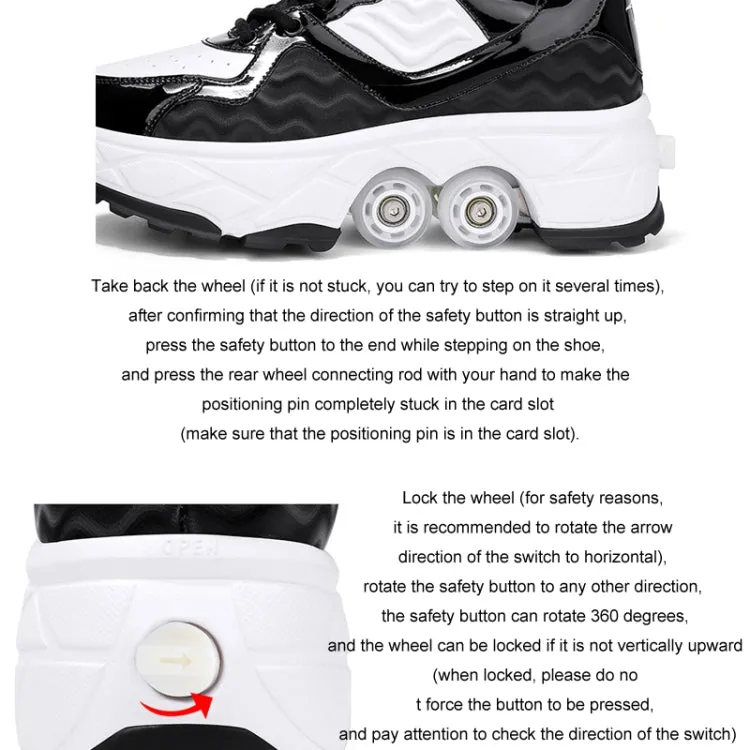 With Brakes Deformable Four-wheel Retractable Double-row Dual-purpose Roller Skates, Size: 34(DF08 White Black)