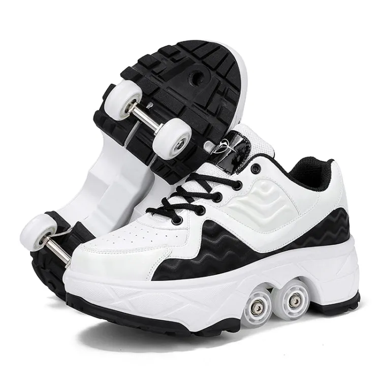 With Brakes Deformable Four-wheel Retractable Double-row Dual-purpose Roller Skates, Size: 34(DF08 White Black)