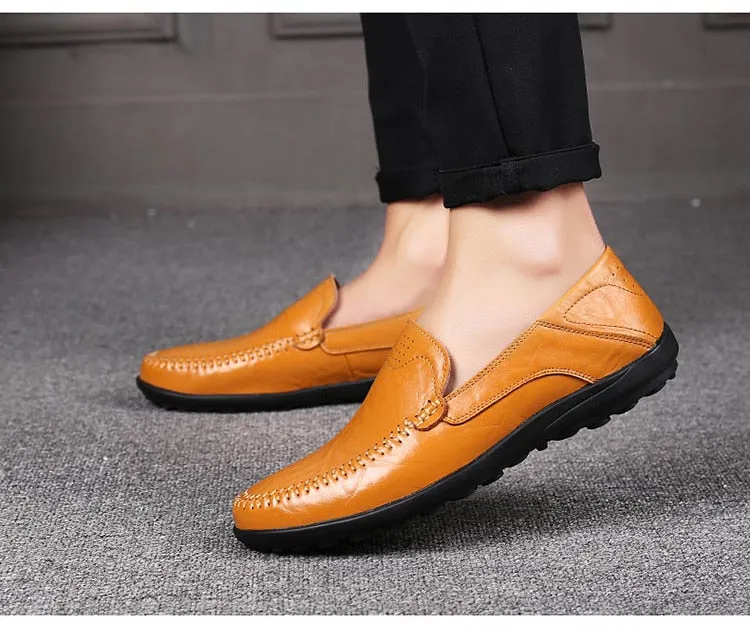 Yeknu Slip On Men Genuine Leather Shoes Breathable Men Fashion Shoes Slip On Casual Shoes Big Size